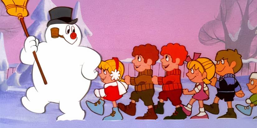 Frosty leading a group of kids in 'Frosty the Snowman'.