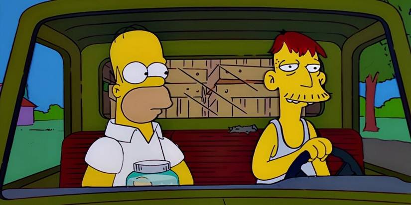 Homer and Cletus sitting together in Cletus's truck in the Simpsons episode "Trilogy of Error"