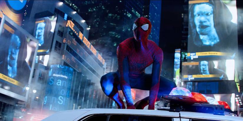 Spider-Man on a police car in Times Square in The Amazing Spider-Man 2