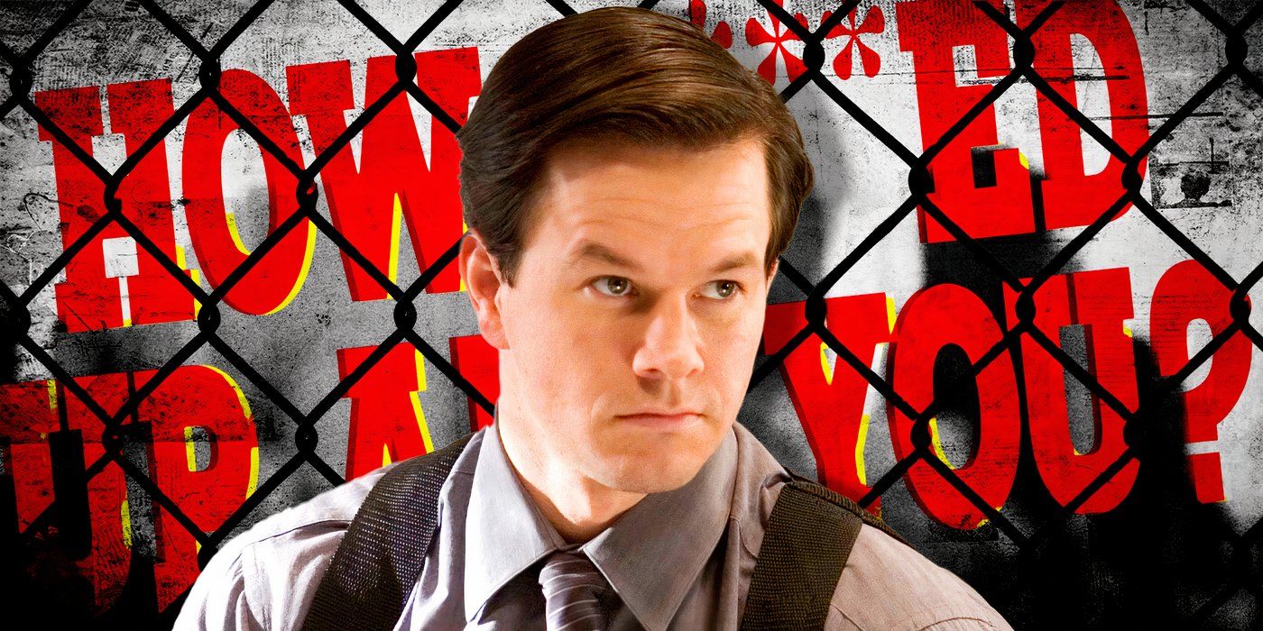 Blended image showing Mark Wahlberg in The Departed with a quote in the background.