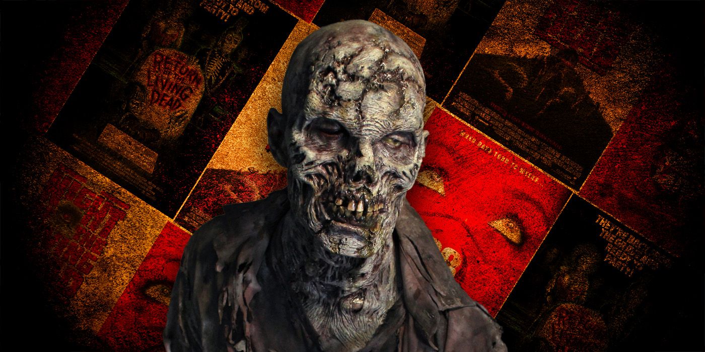 Custom image of a zombie in front of movie posters for 28 Days Later and The Return of the Living Dead