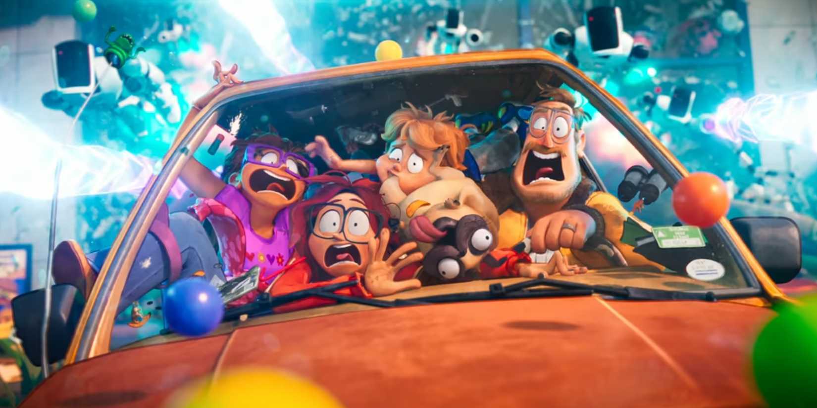 Every member of the Mitchell family looks alarmed as robots pursue their car in 'The Mitchells vs. the Machines'.