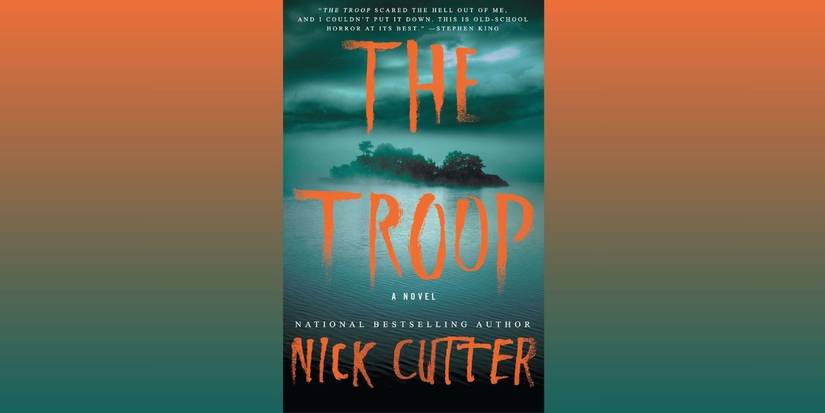 The cover of The Troop by Nick Cutter, which features an image of a small and foggy island surrounded by dark water