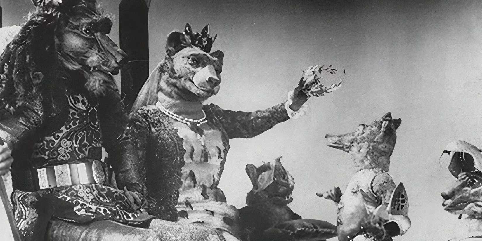 The Lion King and Queen placing the trickster Fox on trial in 'The Tale of the Fox'