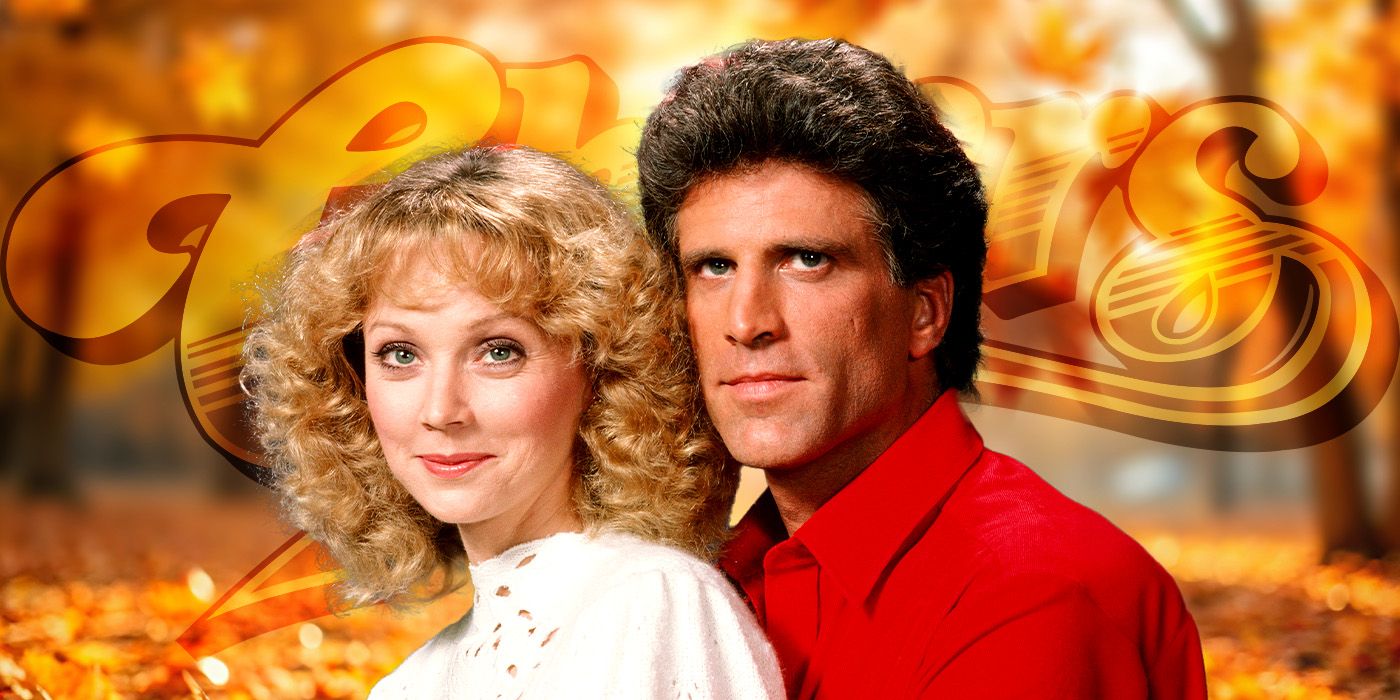 Shelley Long and Ted Danson in Cheers in front of an autumnal background
