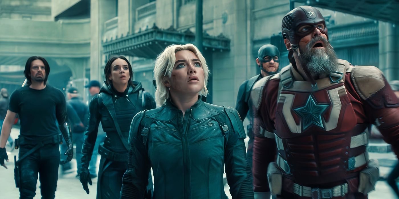 Thunderbolts team members, played by Florence Pugh, Sebastian Stan, David Harbour, Wyatt Russell, and Olga Kurlyenko look up at a threat in the air