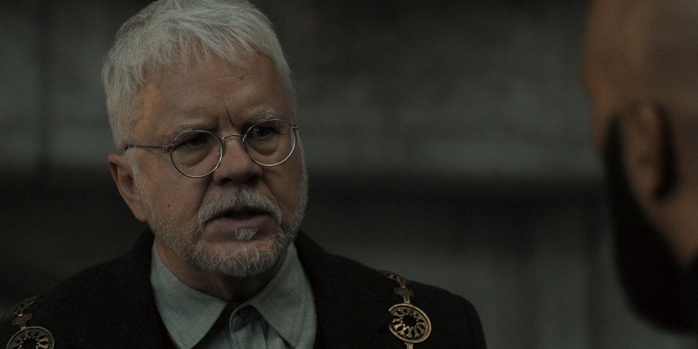 Tim Robbins, talking to someone, as Bernard Holland in Silo Season 2 Episode 2