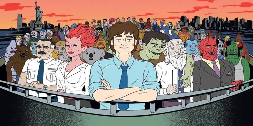 The large cast of Ugly Americans are lined up against a rail in front of New York.