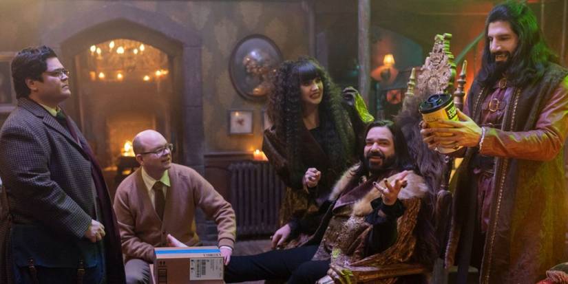 The characters of 'What We Do in the Shadows' opening a box in Season 6, Episode 3