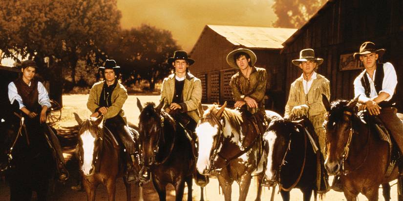 The cast of 'The Young Riders' on horseback.