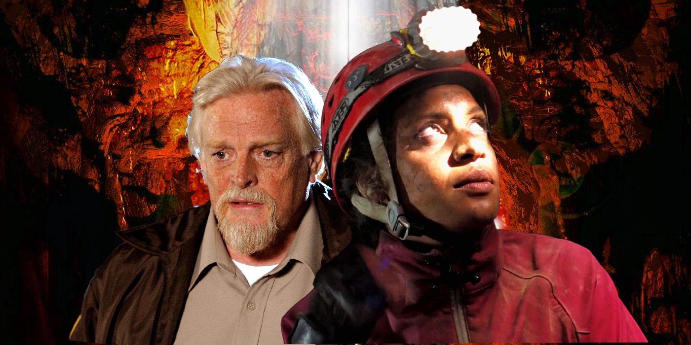 Sheriff Vaines and Rios, played by actors Gavan O'Herlihy and Krysten Cummings, with a dark cave backdrop.