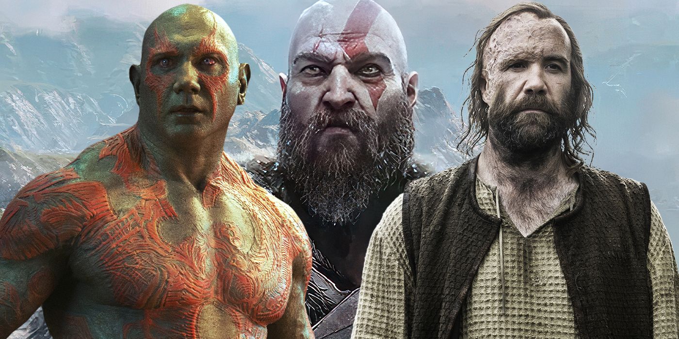 Blended image showing Dave Bautista, Kratos from God of War, and Rory McCann