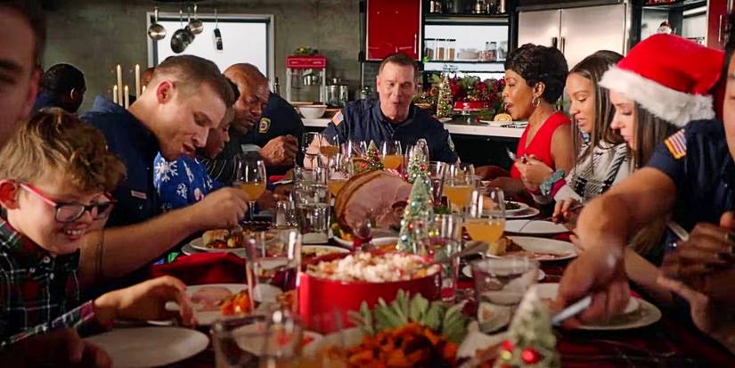 The 118 fire family sharing Christmas dinner in 9-1-1.