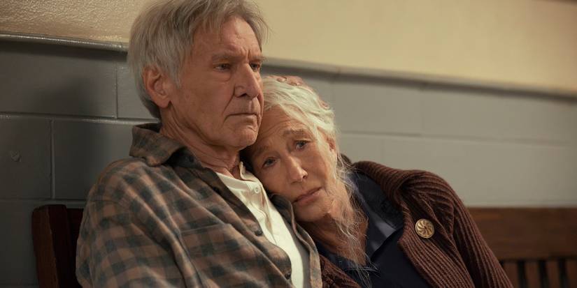 Helen Mirren leans against Harrison Ford and they both look sad in 1923 Season 2. 