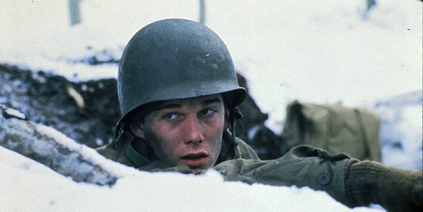 A soldier looking behind at something in A Midnight Clear