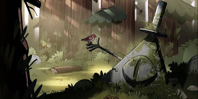 A statue of bill in the forest in 'Somewhere in the Woods' from 'Gravity Falls'.