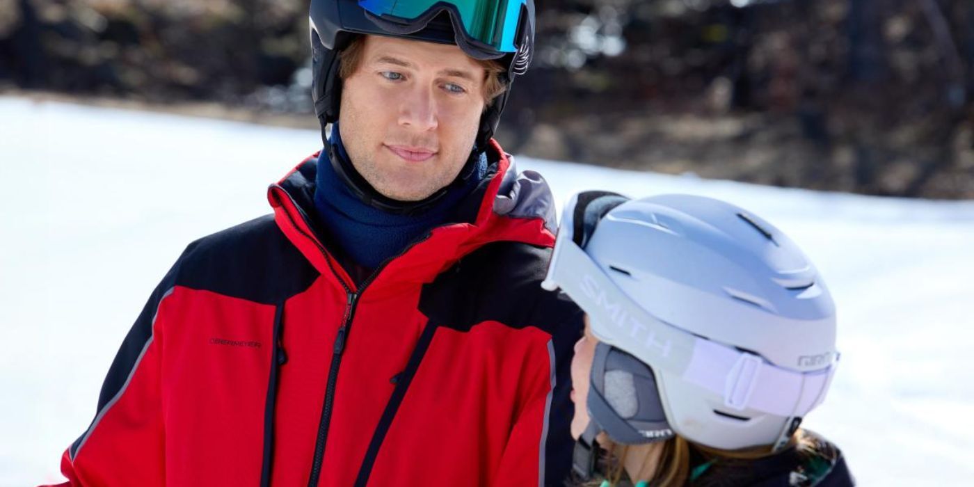 Zac talking to Joy while the two are skiing in A Very Vermont Christmas