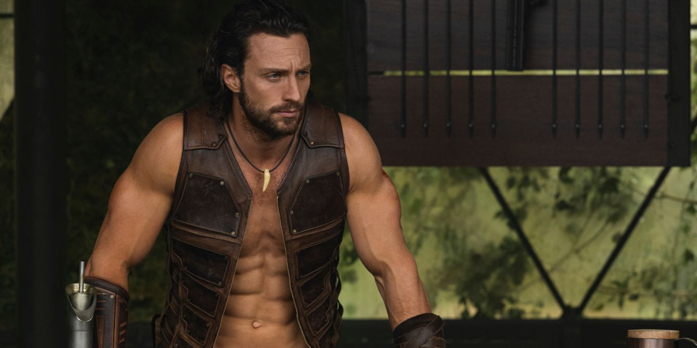 Aaron Taylor-Johnson exposing his chest in Kraven the Hunter.