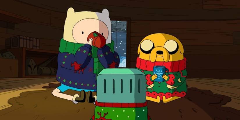 Fin and Jake sit around BMO as they watch Ice King's tapes in Adventure Time.