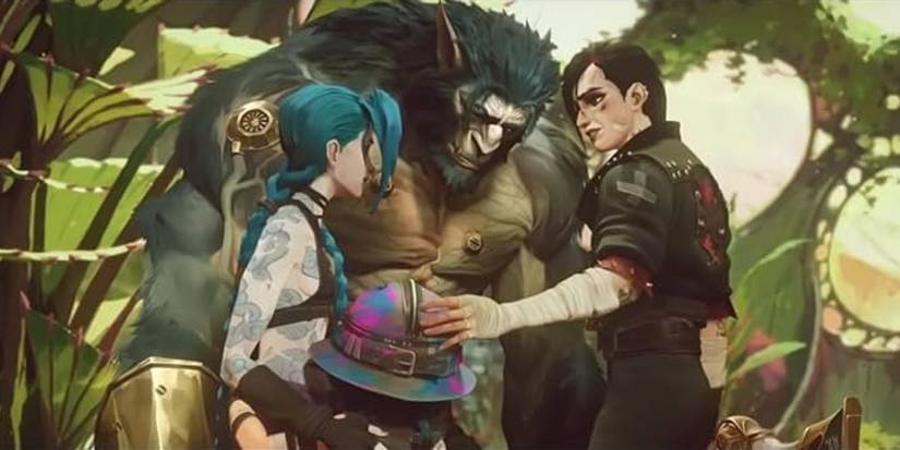 Characters from Arcane stand together in a jungle and look solemn in Season 2, Episode 6.