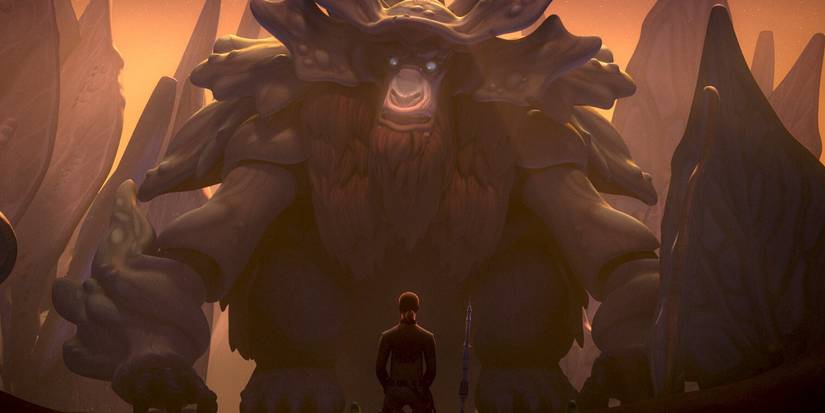 The Bendu (Tom Baker) towers over Kanan (Freddie Prinze Jr.) in Star Wars Rebels.