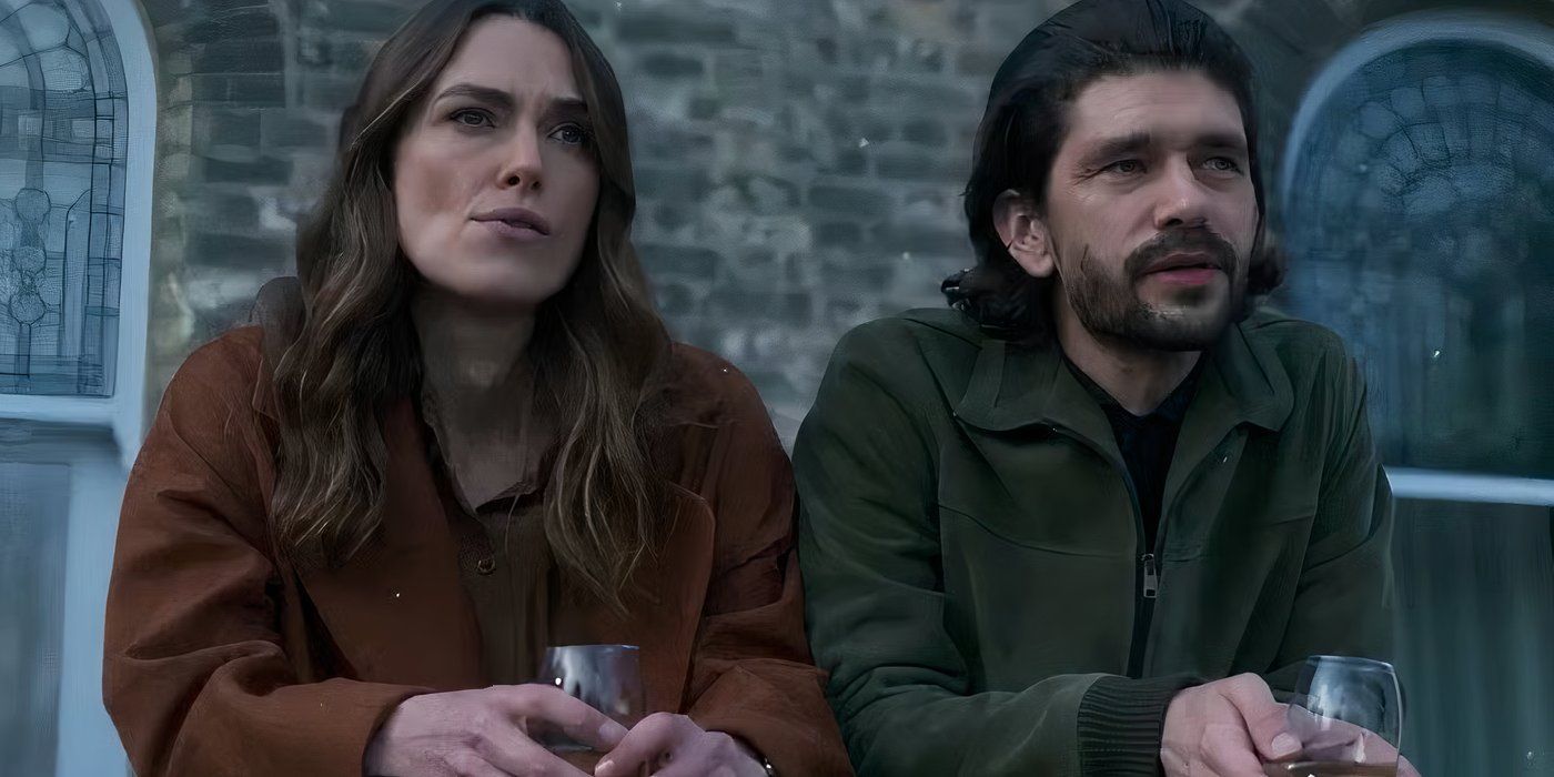 Keira Knightley as Helen and Ben Whishaw as Sam drinking champagne on a balcony in 'Black Doves'