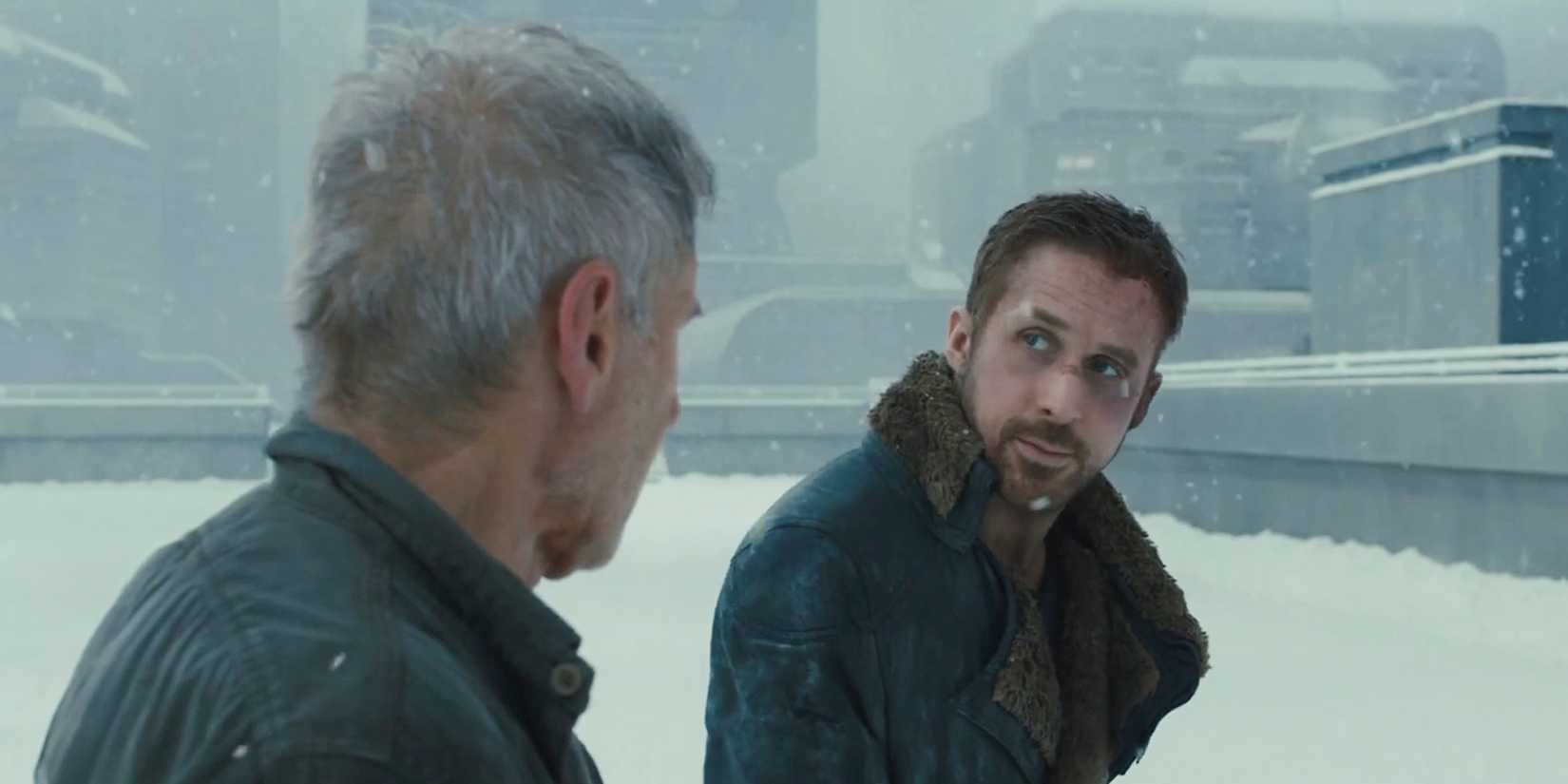 Officer K, played by Ryan Gosling, speaks to Rick Deckard, played by Harrison Ford, in Blade Runner 2049.
