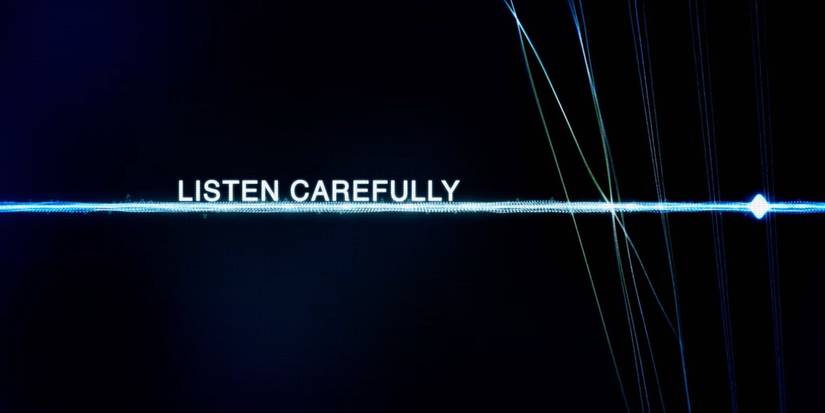 Bright blue line with text saying "Listen carefully" from Apple TV+'s 'Calls'