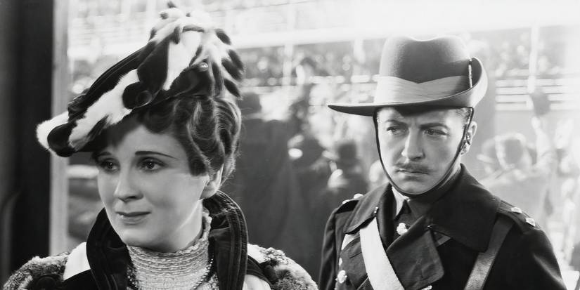 A soldier looking at a woman in Cavalcade