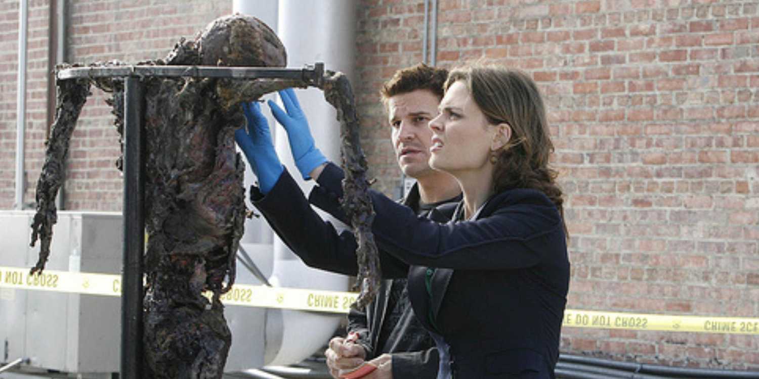 David Boreanaz, Emily Deschanel look at a decomposed body hanging on a pole in Bones episode Judas on a Pole.