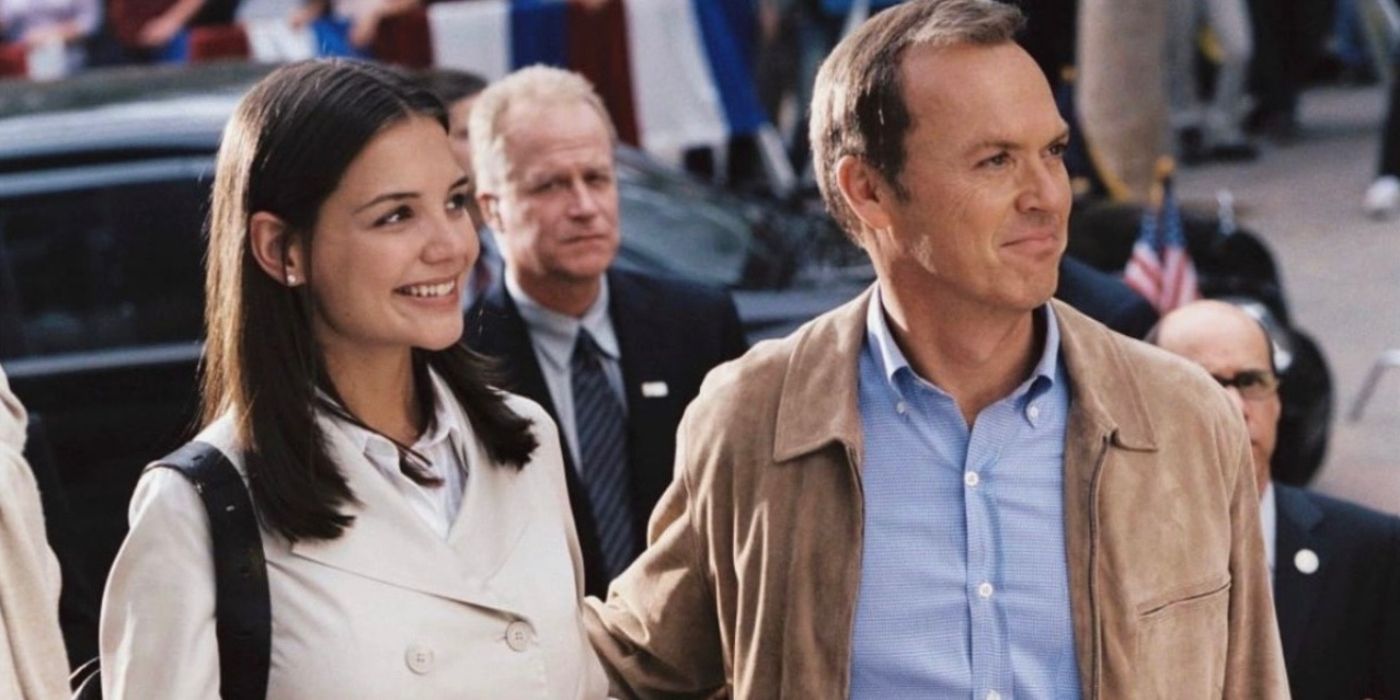 Michael Keaton and Katie Holmes getting out of a car in First Daughter