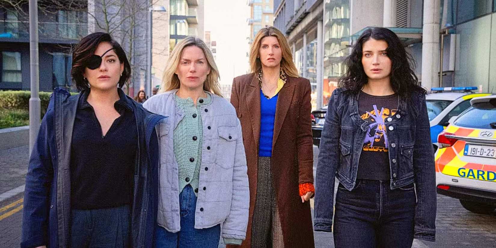 Bibi, Ursula, Eva, and Becka Garvey all standing together in Bad Sisters Season 2.