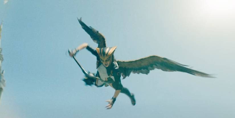 Isabela Merced as Hawkgirl flying in Superman.