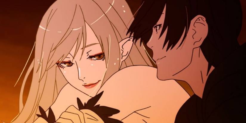 Kiss-Shot and Araragi sitting together in Kizumonogatari movie