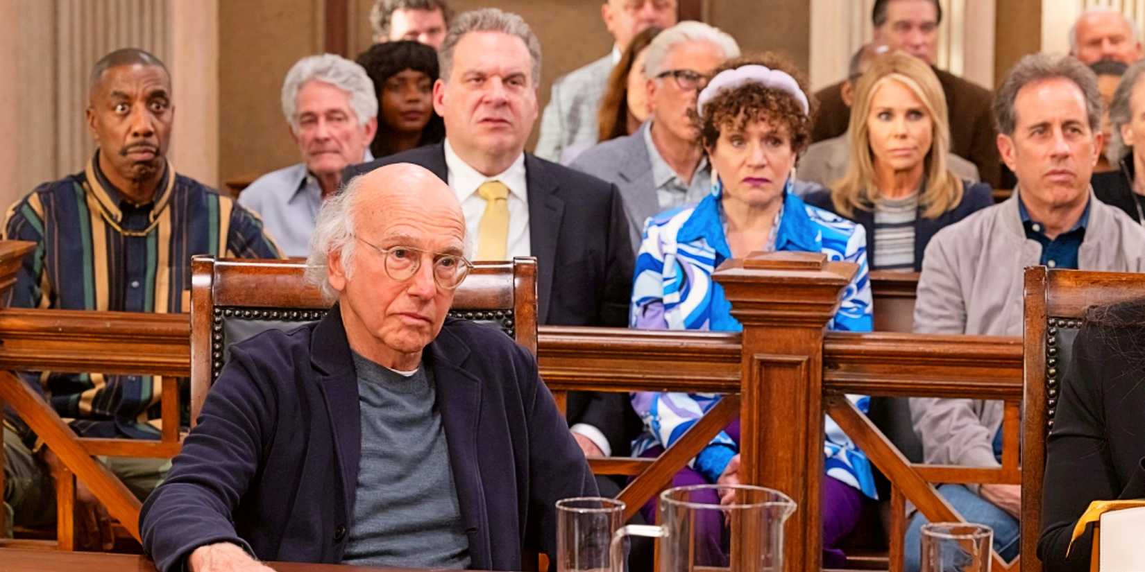 Larry David on trial in court in the series finale of Curb Your Enthusiasm, with all of his loved ones behind him: Leon, Jeff, Suzie, Cheryl, and Jerry Seinfeld