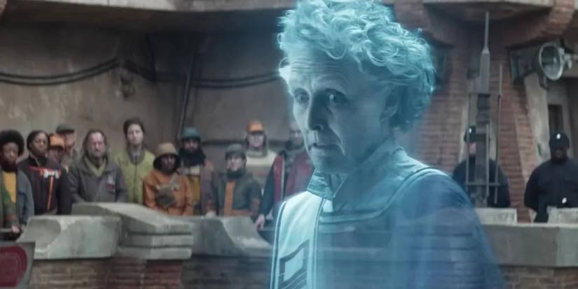 Rebels watching a hologram of Maarva Andor (Fiona Shaw) in Andor.