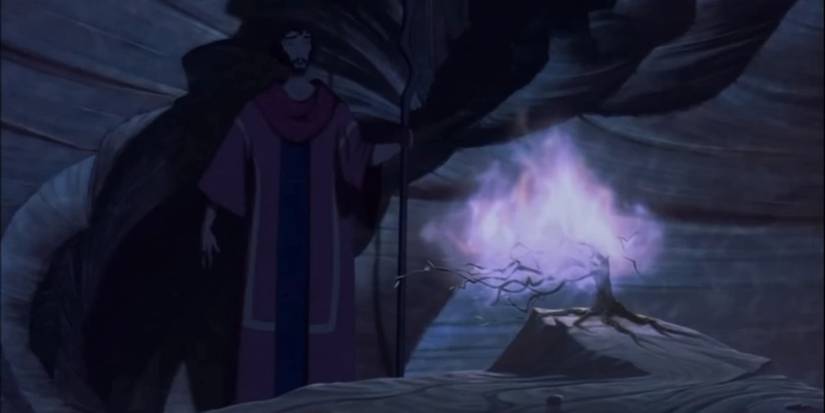 Moses watching a bush engulfed in purple flames in 'The Prince of Egypt'