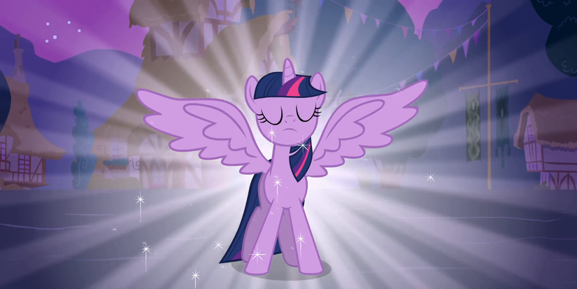 Twilight Sparkle spreads her wings after becoming an Alicorn in My Little Pony: Friendship is Magic.