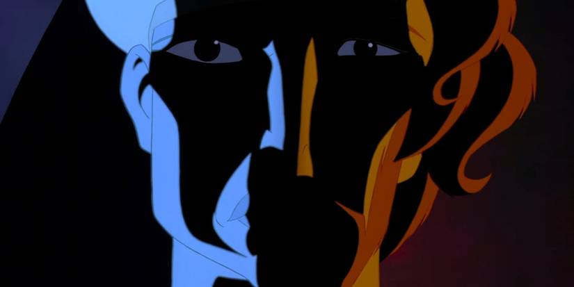Ramses and Moses' faces melded together with dramatic lighting in The Prince of Egypt.