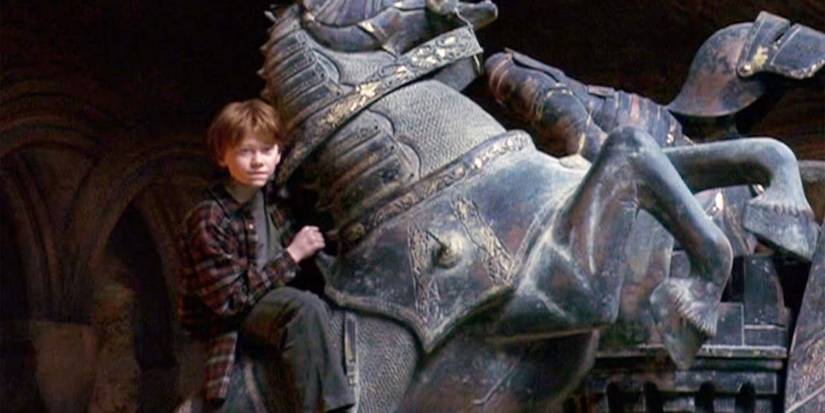 Ron Weasley (Rupert Grint) on the Knight's horse in 'Harry Potter and the Sorcerer's Stone'