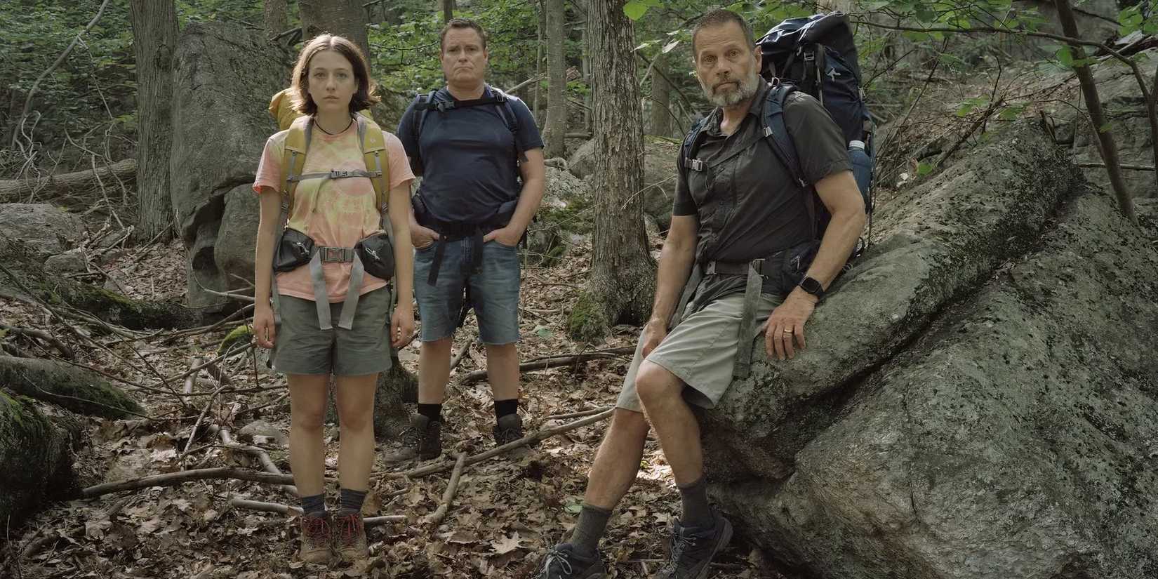 Sam (Lily Collias) in the woods with Chris (James Le Gros) and Matt (Danny McCarthy) in 'Good One'