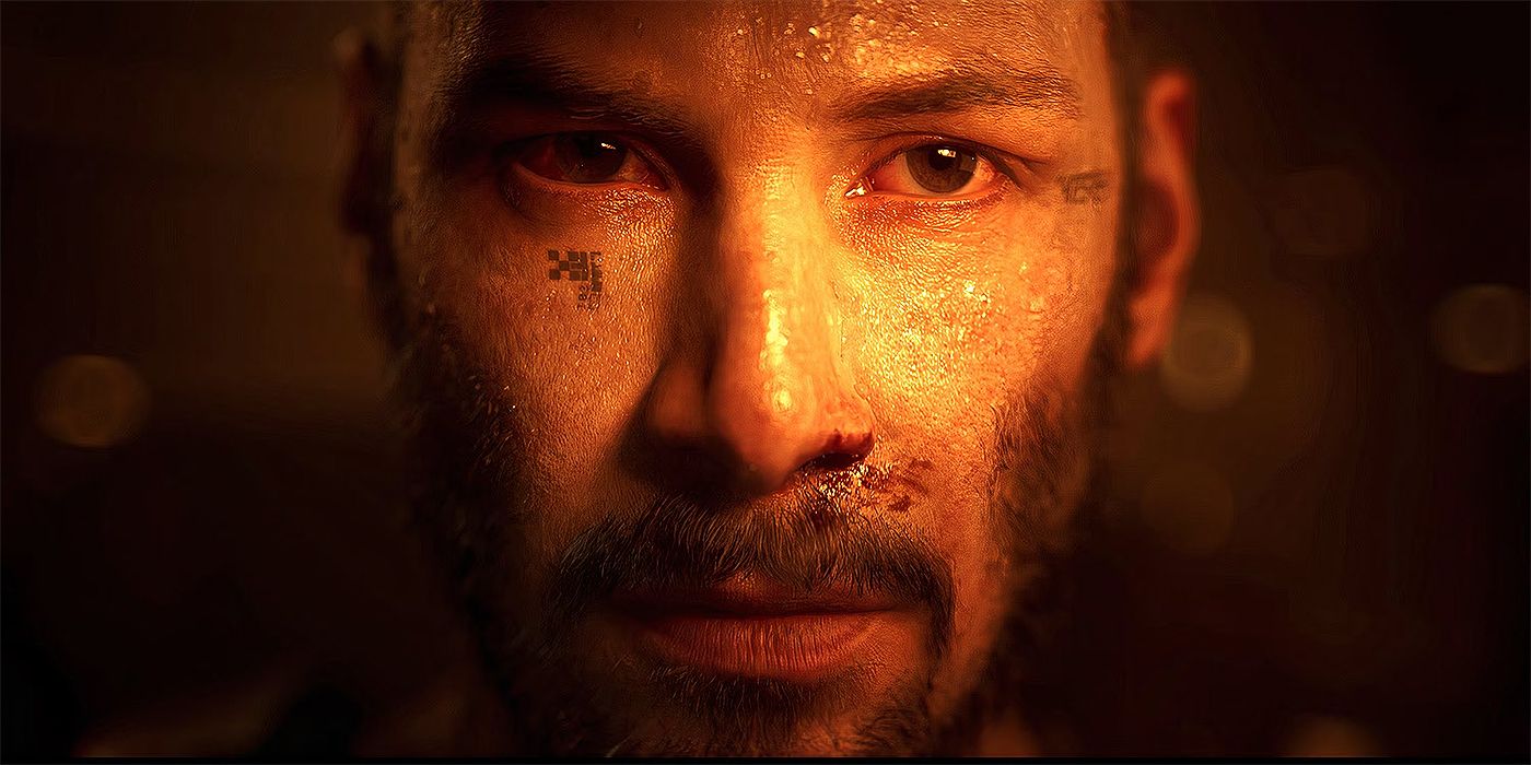 A close up of a mo-cap Keanu Reeves in Secret Level with tattoos on his face