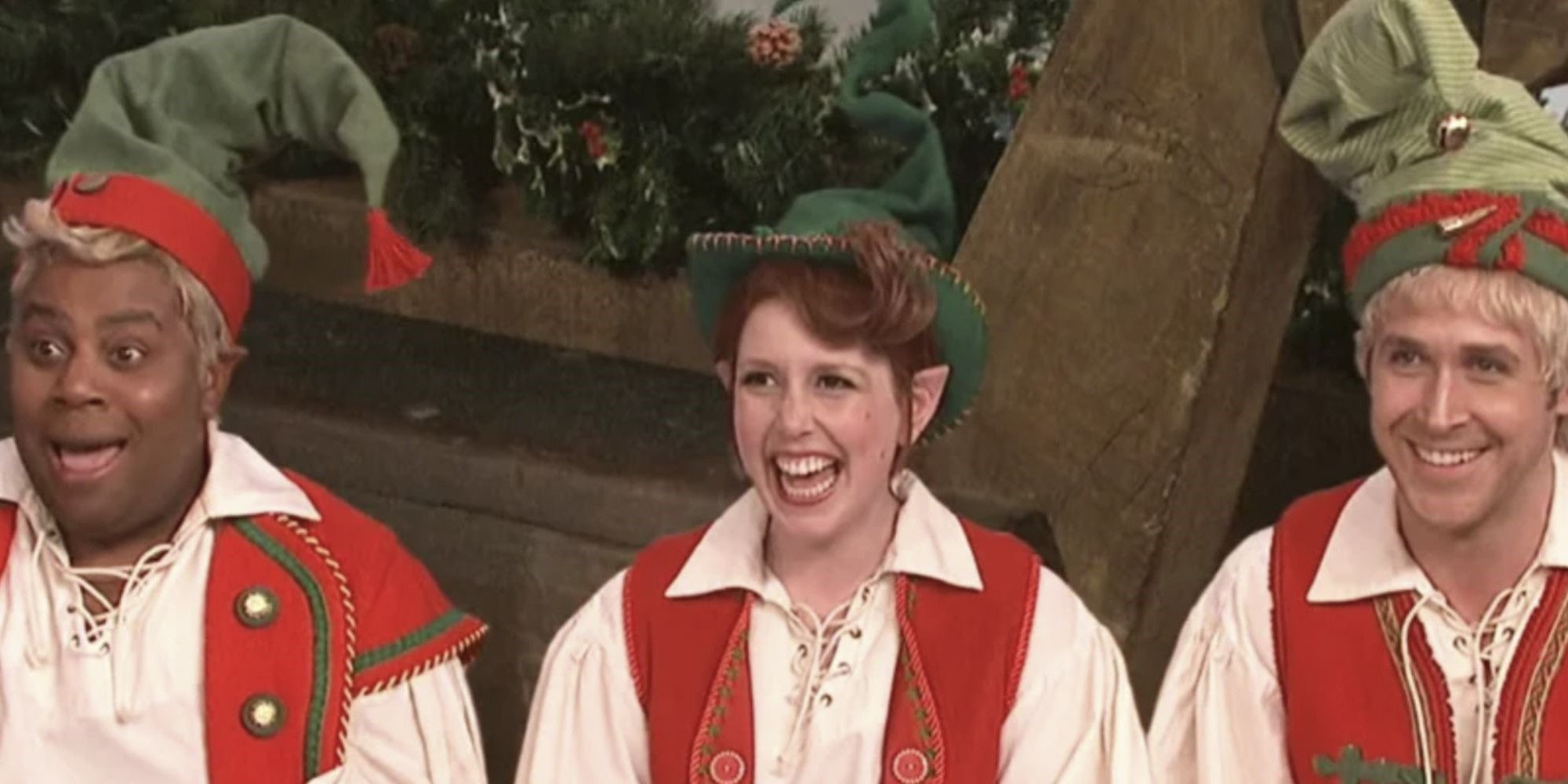 Keenan Thompson, Vanessa Bayer, and Ryan Gosling as Santa&rsquo;s elves on Saturday Night Live.