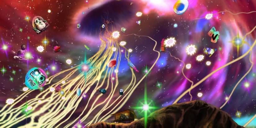 Cosmic noodles entering a wormhole in Space Dandy anime