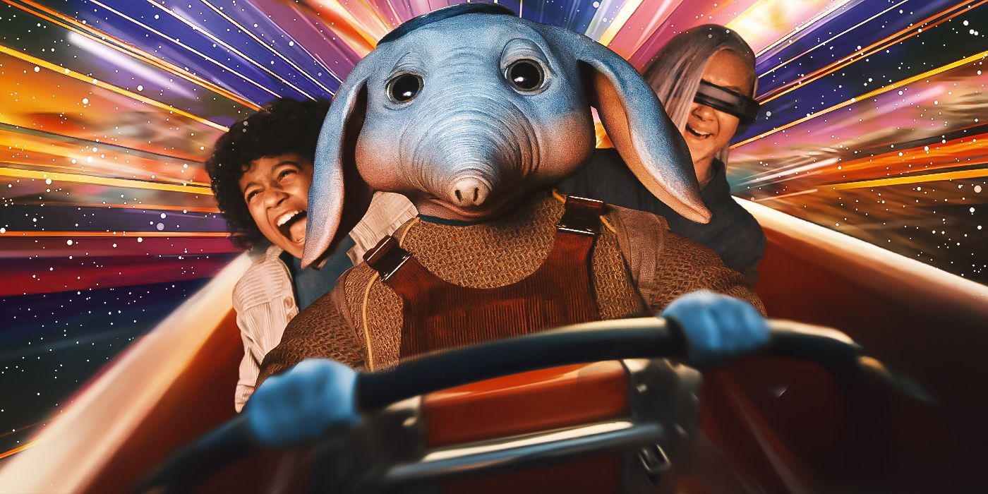 Wim, Neel, and KB riding the Starspeeder 1000 in a Star Tours Skeleton Crew Easter Egg
