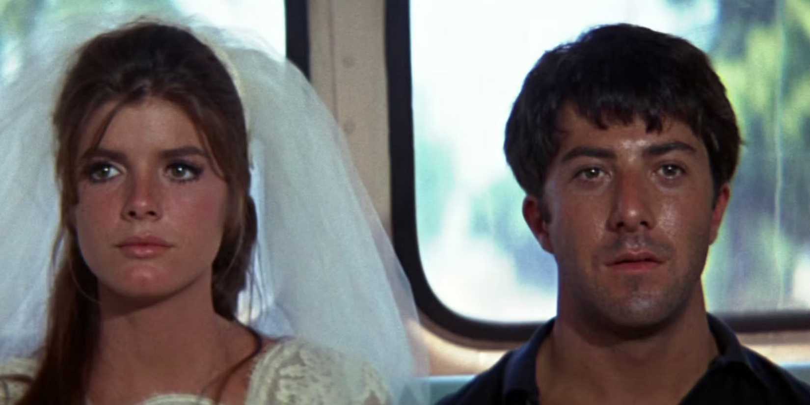 Katherine Ross as Elaine and Dustin Hoffman as Ben after running out of Elaine's wedding in The Graduate.