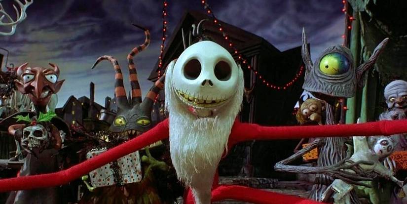 Jack Skellington dressed as Santa Claus spreading his arms in The Nightmare Before Christmas