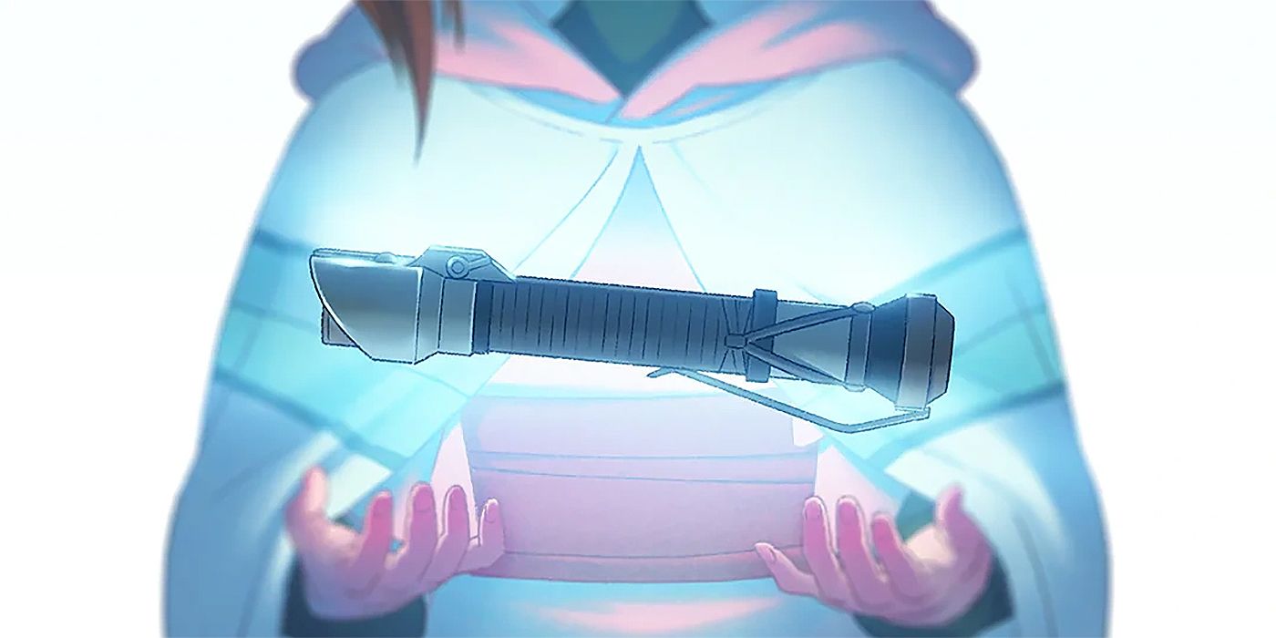 A poster of The Ninth Jedi with a lightsaber hovering in a girl's hand in Star Wars Visions