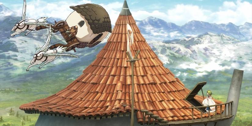 Coco looking at a Pegasus carriage from the roof in Witch Hat Atelier.