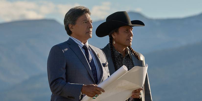 Gil Birmingham as Thomas Rainwater and Mo Brings Plenty as Mo looking ahead in episode 509 of Yellowstone.